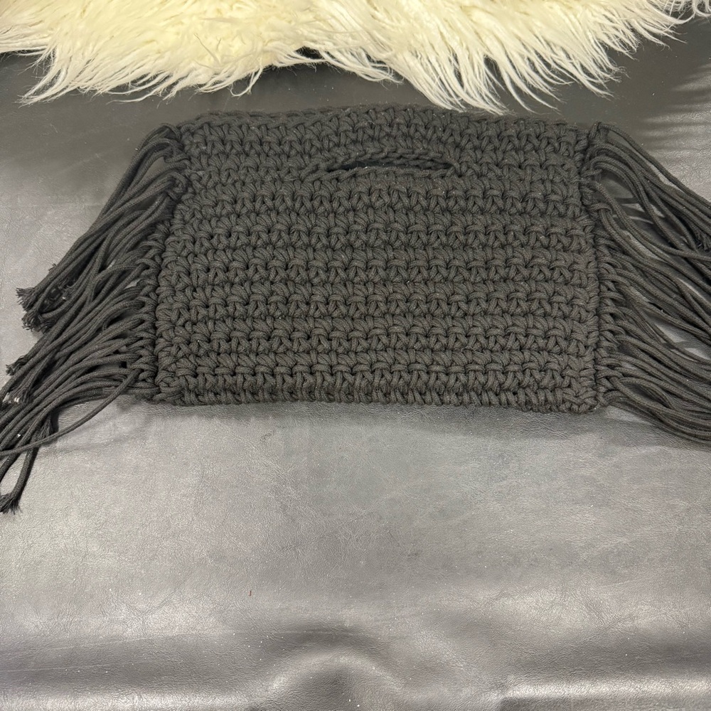 Urban Expressions Black Knit Crochet Clutch with Fringe Handbag Purse Boho Indie